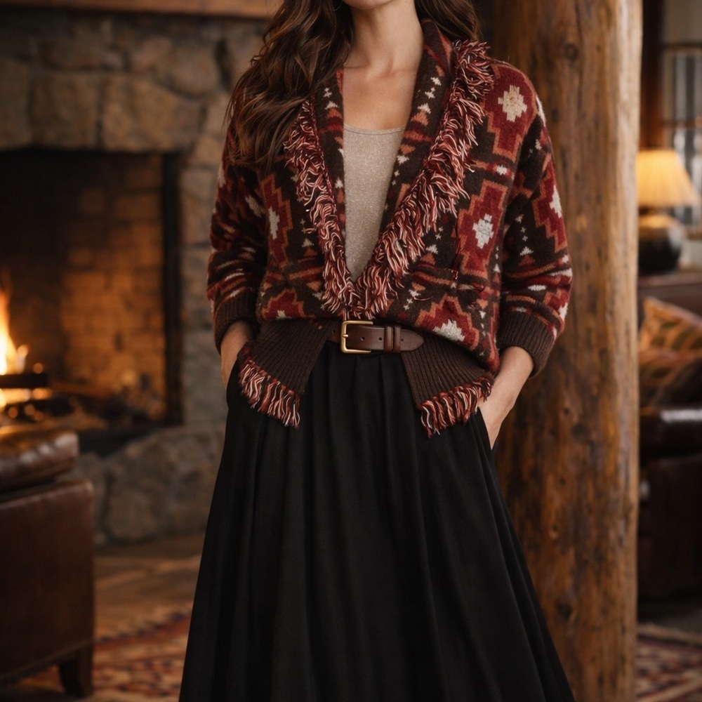 Shyanne Southwestern Knit Fringe Cardigan Oxblood Brown Size Small